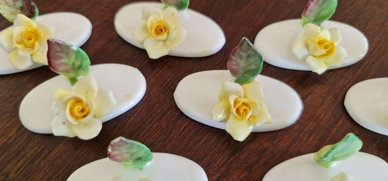 Vintage Bone China Roses. 8 Place Card Holders Crown Staffordshire Hand Made 1970s.  8pcs hand-made