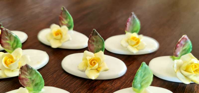 Vintage Bone China Roses. 8 Place Card Holders Crown Staffordshire Hand Made 1970s.  8pcs hand-made