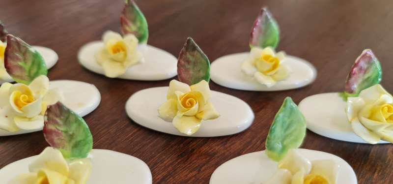 Vintage Bone China Roses. 8 Place Card Holders Crown Staffordshire Hand Made 1970s.  8pcs hand-made