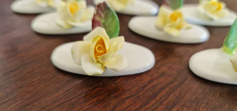 Vintage Bone China Roses. 8 Place Card Holders Crown Staffordshire Hand Made 1970s.  8pcs hand-made