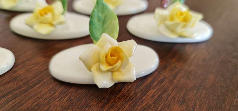 Vintage Bone China Roses. 8 Place Card Holders Crown Staffordshire Hand Made 1970s.  8pcs hand-made