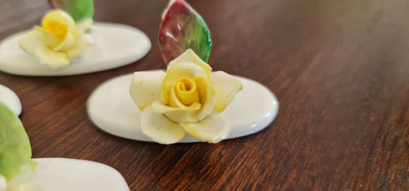 Vintage Bone China Roses. 8 Place Card Holders Crown Staffordshire Hand Made 1970s.  8pcs hand-made