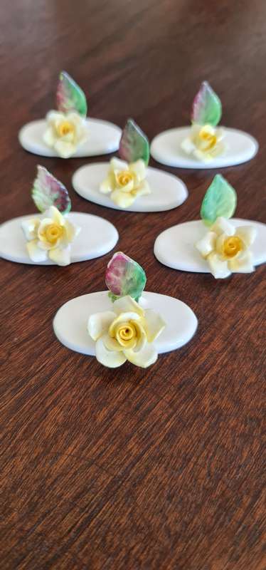 Vintage Bone China Roses. 8 Place Card Holders Crown Staffordshire Hand Made 1970s.  8pcs hand-made
