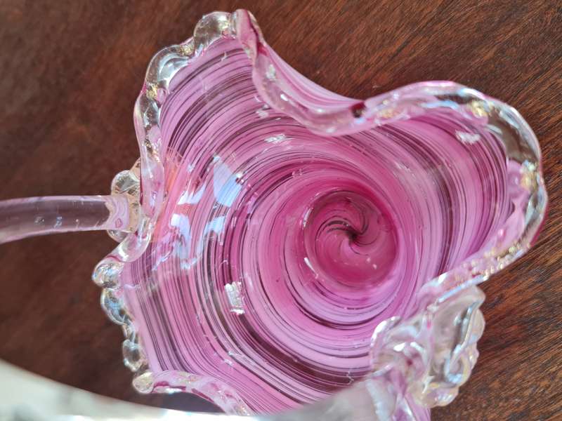 Murano Vintage Art Glass Basket Pink Swirl Petal feet base Gold fleck glass grapes on either side o.