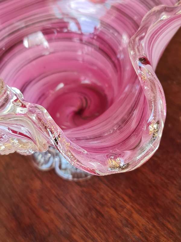 Murano Vintage Art Glass Basket Pink Swirl Petal feet base Gold fleck glass grapes on either side o.