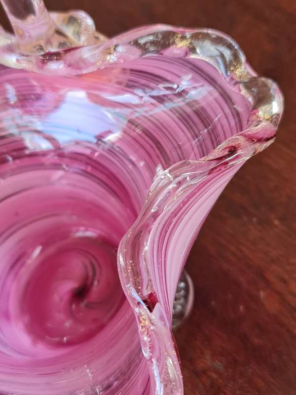 Murano Vintage Art Glass Basket Pink Swirl Petal feet base Gold fleck glass grapes on either side o.