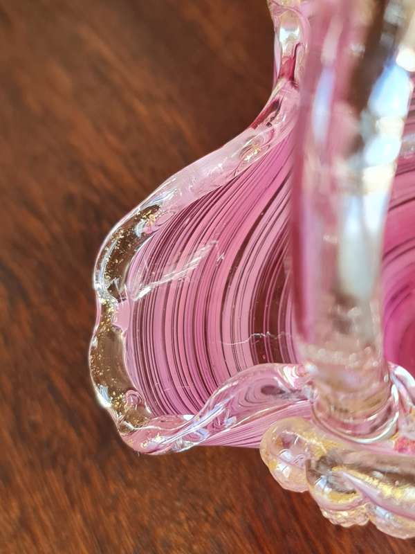 Murano Vintage Art Glass Basket Pink Swirl Petal feet base Gold fleck glass grapes on either side o.