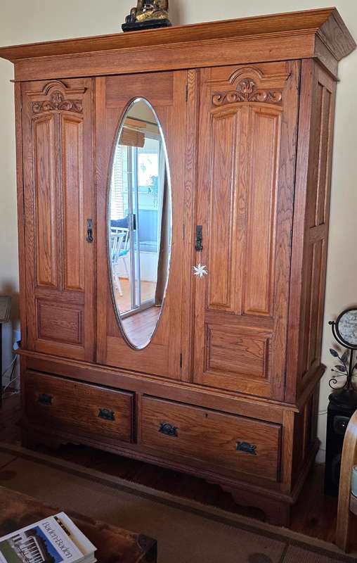 Antique Solid Oak Wardrobe with Oval Mirror