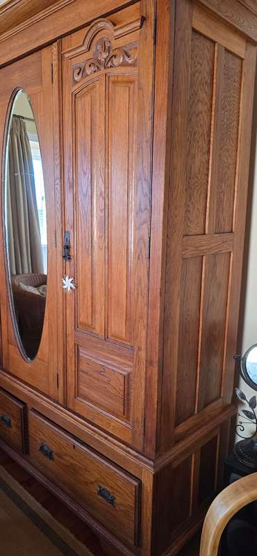 Antique Solid Oak Wardrobe with Oval Mirror
