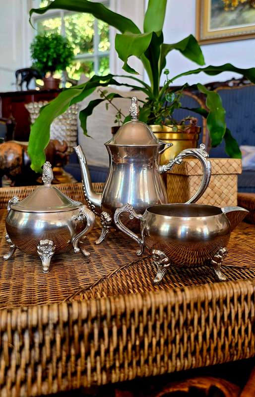 Exquisite Tea Set with Tea Pot Milk Jug & Sugar Bowl. Platted Silver.