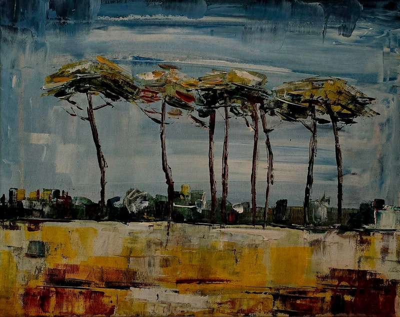 Original Oil Painting by P. Magi  Tall Pine Landscape  Framed  81 x 71cm