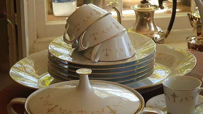 Exquisite 58 Piece Dinner Set in the Courtney Pattern with Gold Trim and White and Gold Scroll