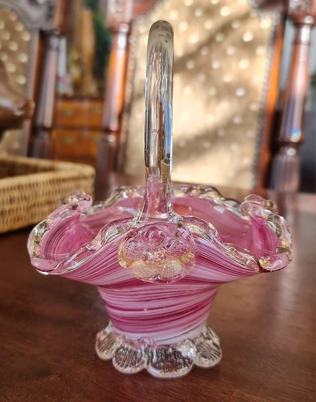 Murano Vintage Art Glass Basket Pink Swirl Petal feet base Gold fleck glass grapes on either side o.