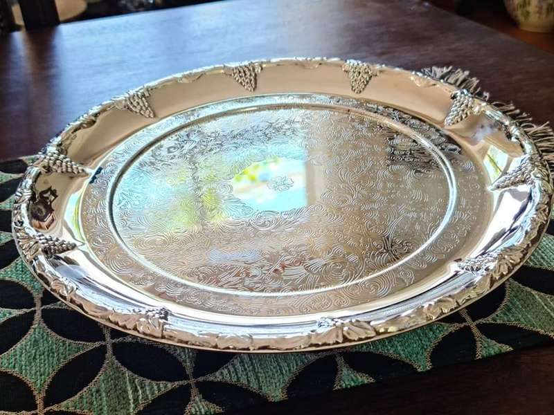 Pretty Engraved Silver Plate Serving Tray. Perfect for a fruit and cheese platter or decanters.
