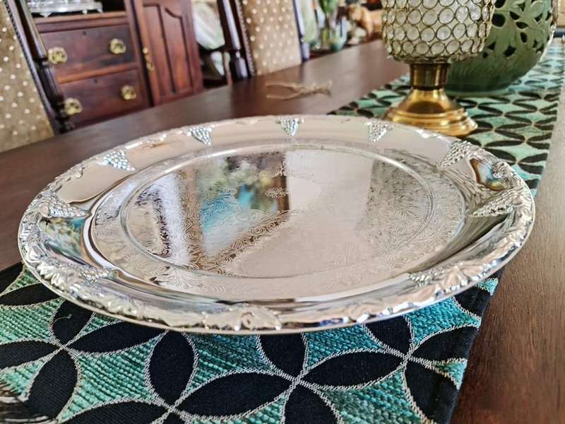 Pretty Engraved Silver Plate Serving Tray. Perfect for a fruit and cheese platter or decanters.
