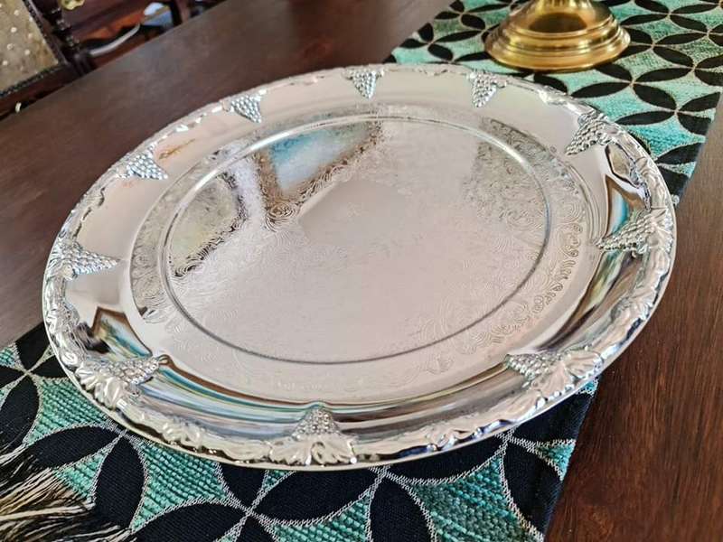 Pretty Engraved Silver Plate Serving Tray. Perfect for a fruit and cheese platter or decanters.