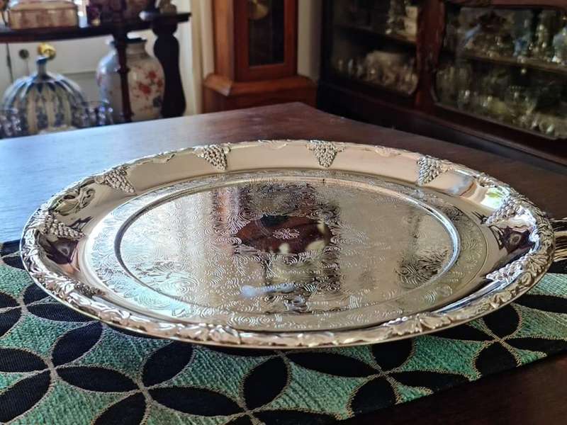 Pretty Engraved Silver Plate Serving Tray. Perfect for a fruit and cheese platter or decanters.