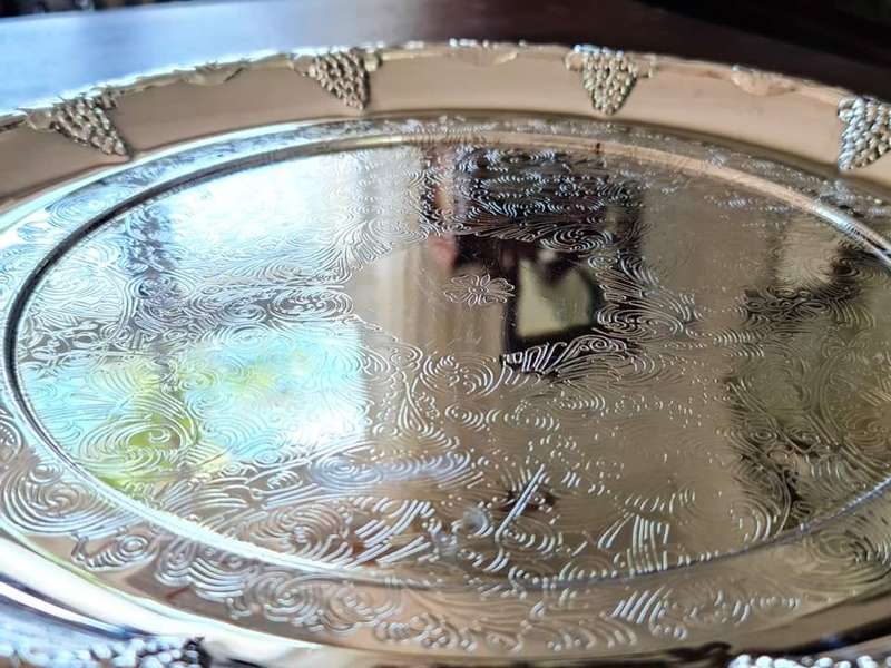 Pretty Engraved Silver Plate Serving Tray. Perfect for a fruit and cheese platter or decanters.