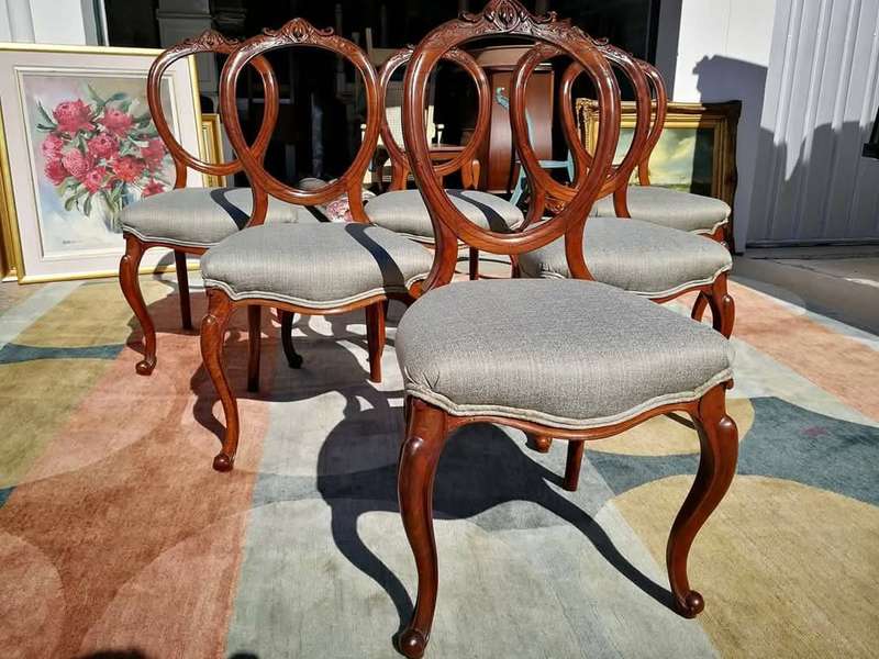 Set of 6 Antique Balloon Back Dining Chairs  Hand-Carved French Provincial Style