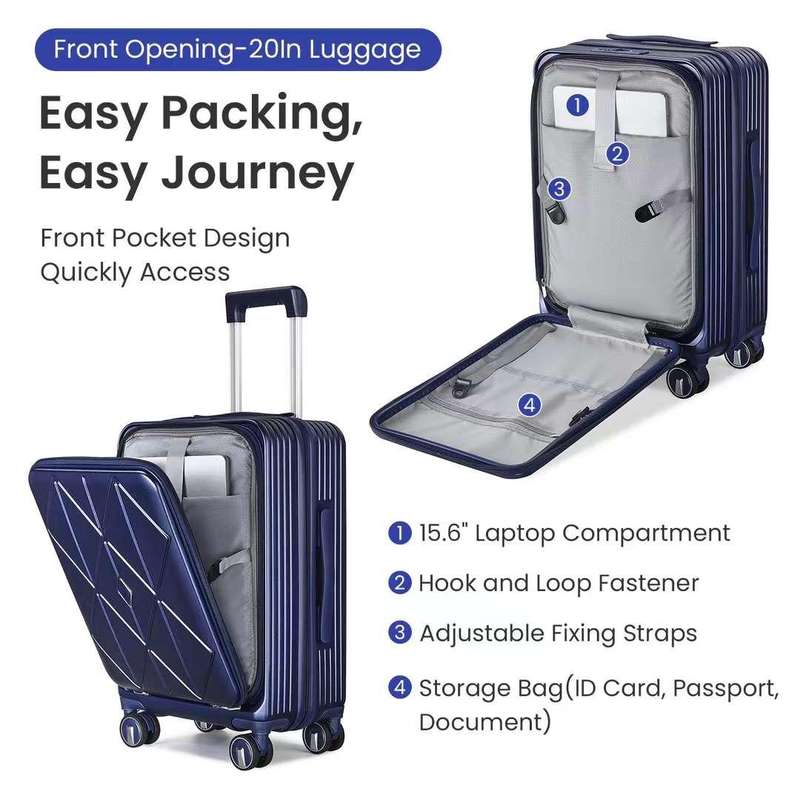 Premium Navy Blue PC Luggage Set - 3 Sizes, TSA Locks, Spinner Wheels, Expandable, Side-Opening