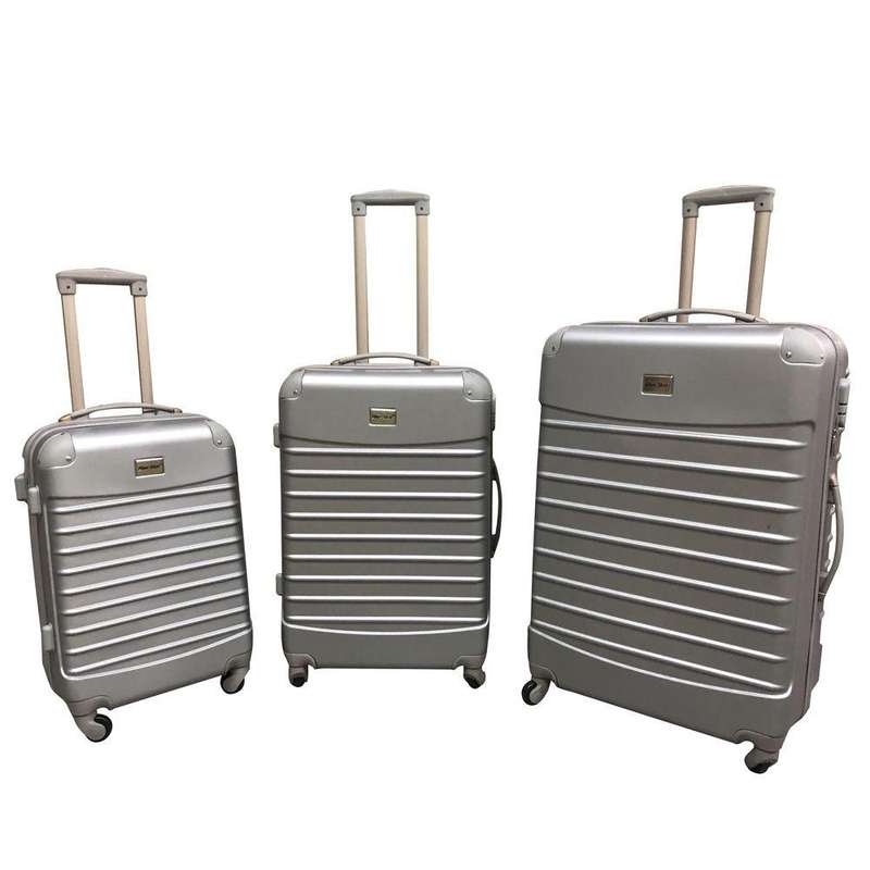 Silver 3Piece Hard Shell Luggage SetSpinner Trolleys with Lock, Ribbed Texture, Durable Travel Bags