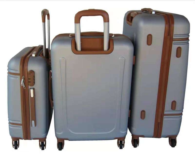 Silver ABS Luggage Set - 3 Piece Spinner Suitcases with Locks, Brown Trim & Polka Dot Interiors