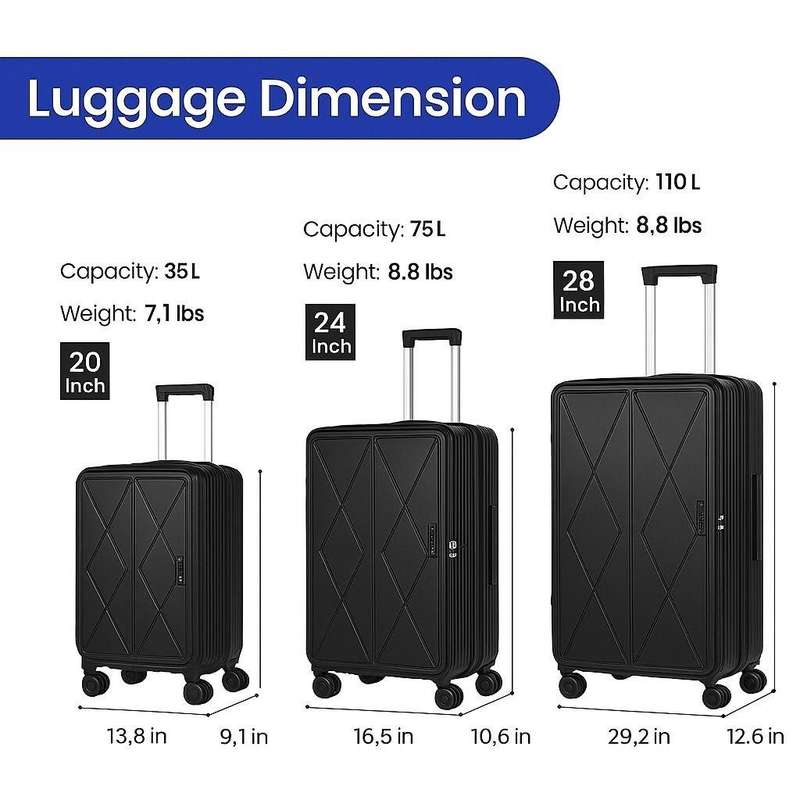 Sleek Black 3-Piece Luggage Set with Laptop Access & Spinner WheelsSA Travel