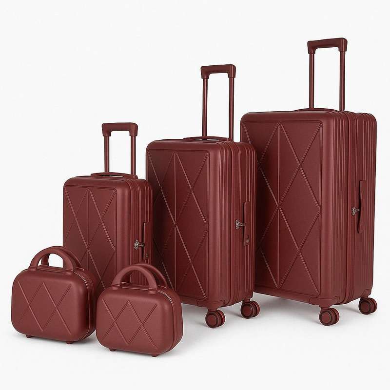 5-Piece Maroon Hard Shell Luggage Set with Diamond Pattern & Spinner Wheels - Durable Travel Bags