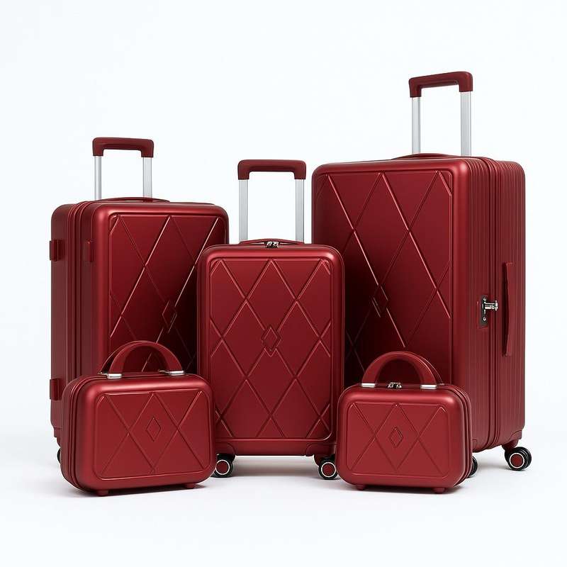 5-Piece Maroon Hard Shell Luggage Set with Diamond Pattern & Spinner Wheels - Durable Travel Bags
