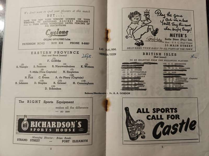 1955 BRITISH LIONS V EASTERN PROVINCE RUGBY PROGRAMME - VERY RARE