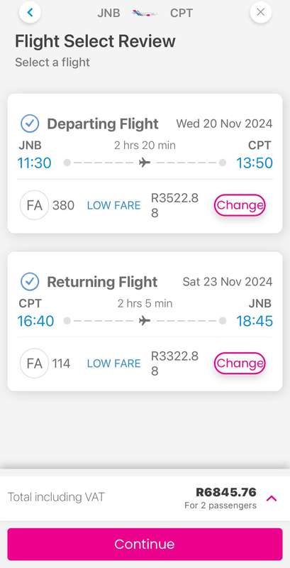 2x Return Flight Tickets from Johannesburg to Capetown 20 Nov 2024 -  23 Nov 2024