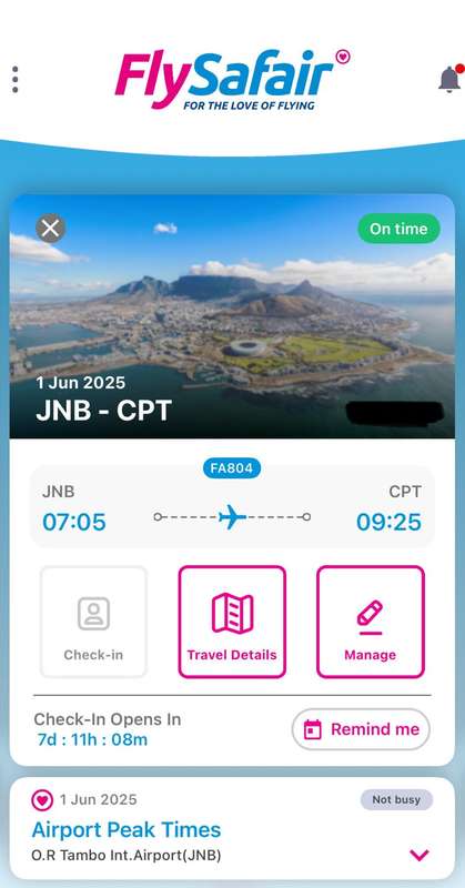 2x One-way Flight Tickets from Johannesburg to Capetown 01 June 2025 | FA 804