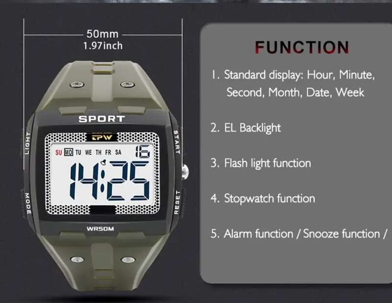 High performance digital waterproof sports watch