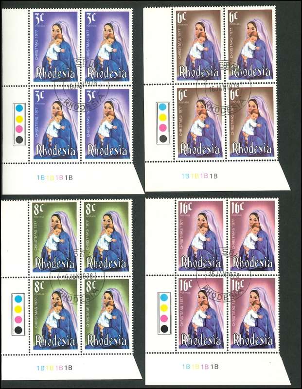 Rhodesia - 1977 Christmas Set Control Blocks of Four (1B)- Canceled: SACC 312-315