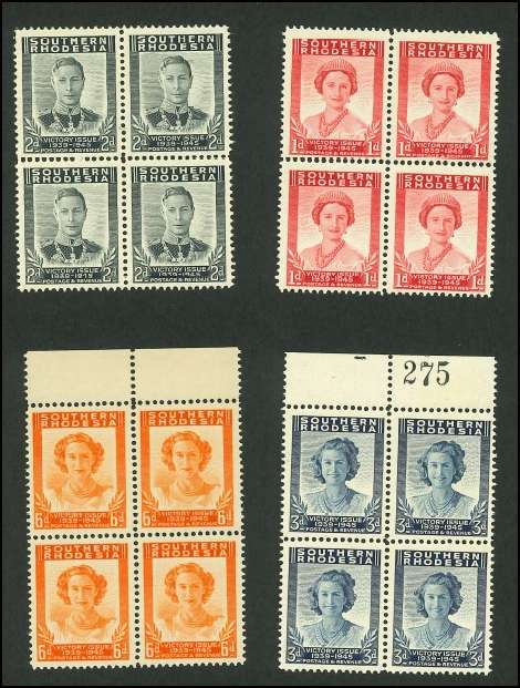 1947 Southern Rhodesia Victory Issue - Blocks of Four Full Set UMM( SACC 66 - 69) : See Scans