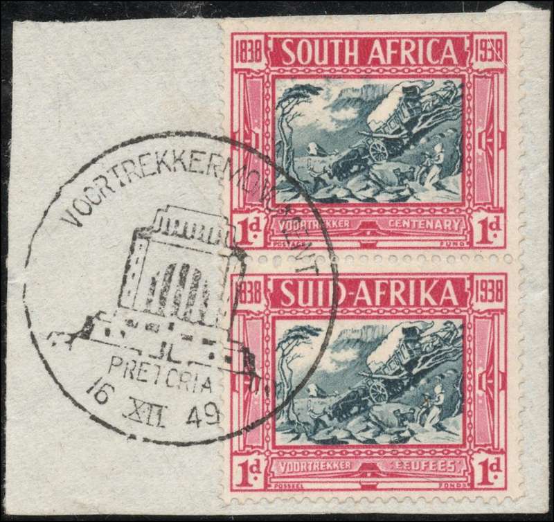 Union of SA 1938: Voortrekker Centenary - Used Double on Piece - Date Stamped FD of Issue: SACC 76
