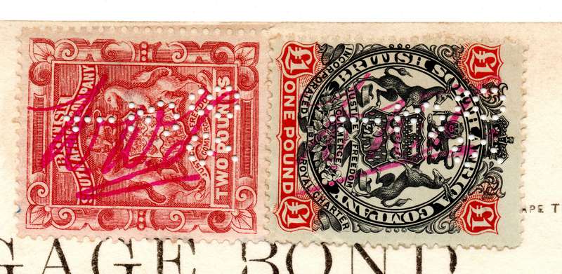 BSAC 1892 - 2 Pound and 1 Pound fiscally used on 1898 Mortage Bond (SACC 11 & 65) ** Very Rare**