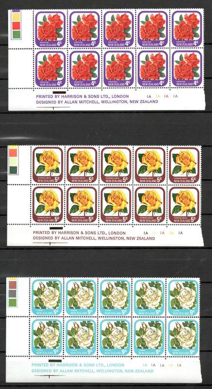 New Zealand 1975: Garden Roses - UMM Blocks of Ten as per Scans: SG 1086-1094 (excl. 1093)
