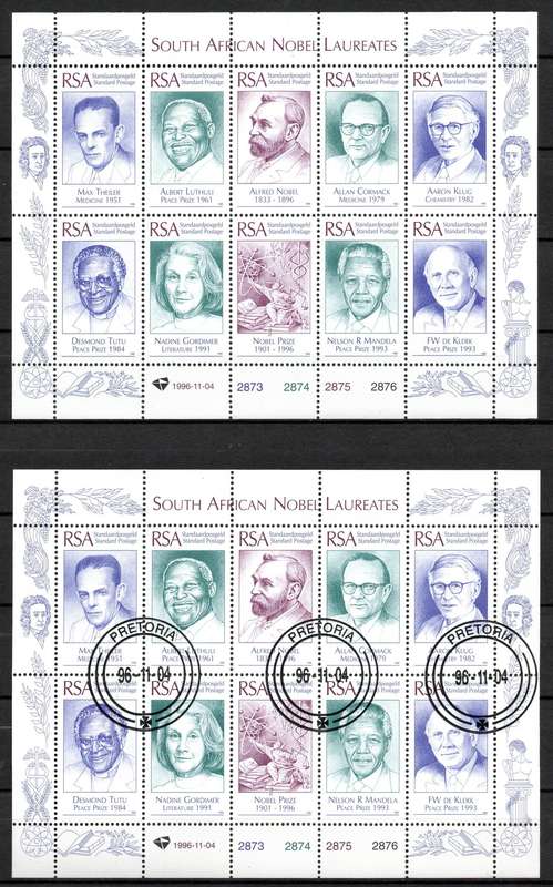 RSA 1996: SA Nobel Laureates: UMM/ CTO Sheetlets of 10: SACC 991