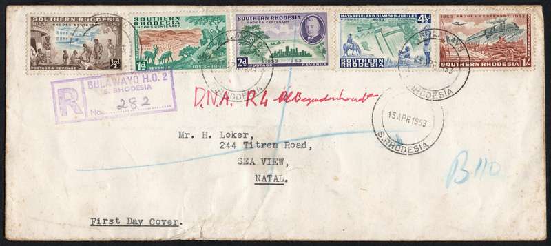Southern Rhodesia 1953: Birth Centenary of Rhodes: FDC: SACC 73-77