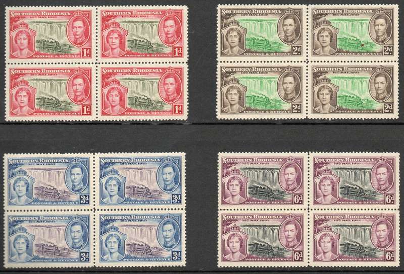 Southern Rhodesia 1937: Coronation of King George VI: UMM Blocks of Four: SACC 38-41