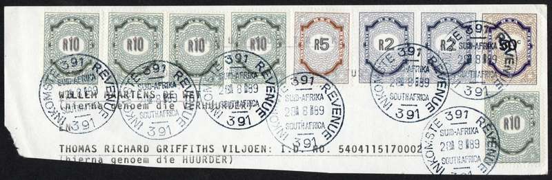 RSA 1989: Used Revenue Stamps on Piece with Major Color Shift on R10: See Scans
