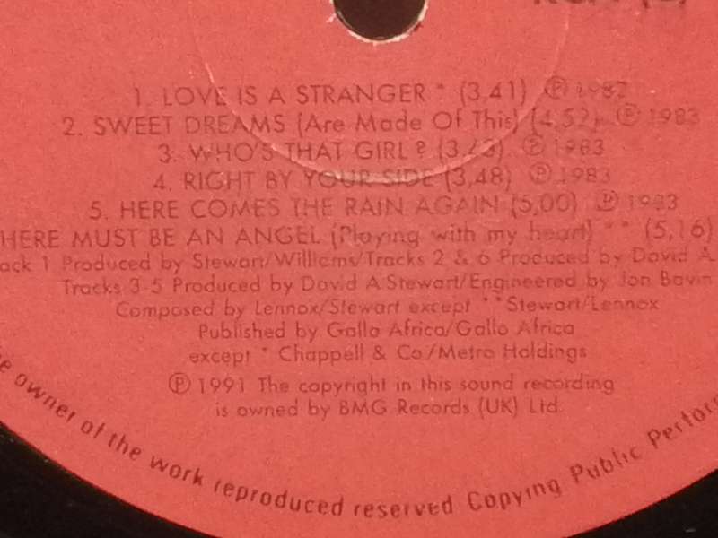 EURYTHMICS (GREATEST HITS) - VINYL IN VERY GOOD CONDITION - SEE BELOW FOR INFO.