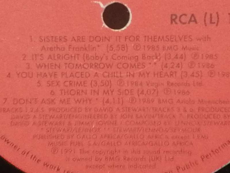 EURYTHMICS (GREATEST HITS) - VINYL IN VERY GOOD CONDITION - SEE BELOW FOR INFO.