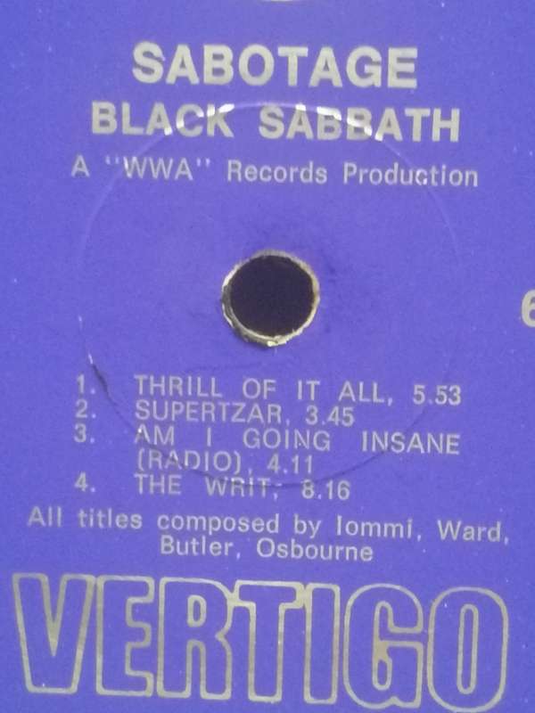 BLACK SABBATH (SABOTAGE) - VINYL IN VERY GOOD COND. - SEE BELOW FOR INFO.