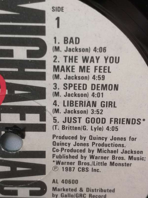 MICHAEL JACKSON (BAD) - VINYL IN VERY GOOD COND. - SEE BELOW FOR INFO.