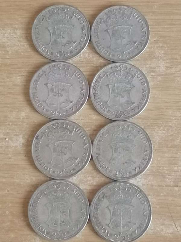 SA UNION SILVER COINS - 8x 2.5 SHILLINGS (1951 TO 1958) - USED CONDITION - SEE BELOW FOR INFO.
