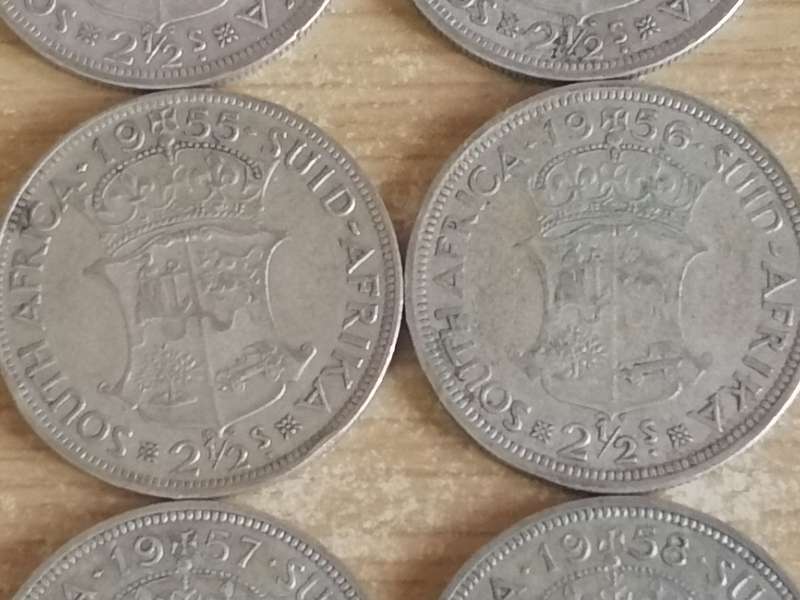 SA UNION SILVER COINS - 8x 2.5 SHILLINGS (1951 TO 1958) - USED CONDITION - SEE BELOW FOR INFO.