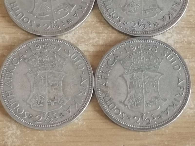 SA UNION SILVER COINS - 8x 2.5 SHILLINGS (1951 TO 1958) - USED CONDITION - SEE BELOW FOR INFO.