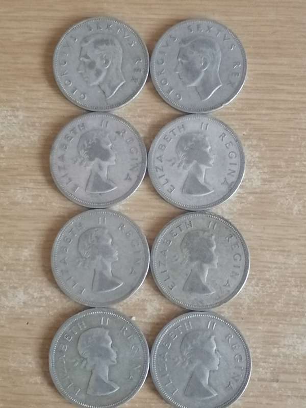 SA UNION SILVER COINS - 8x 2.5 SHILLINGS (1951 TO 1958) - USED CONDITION - SEE BELOW FOR INFO.